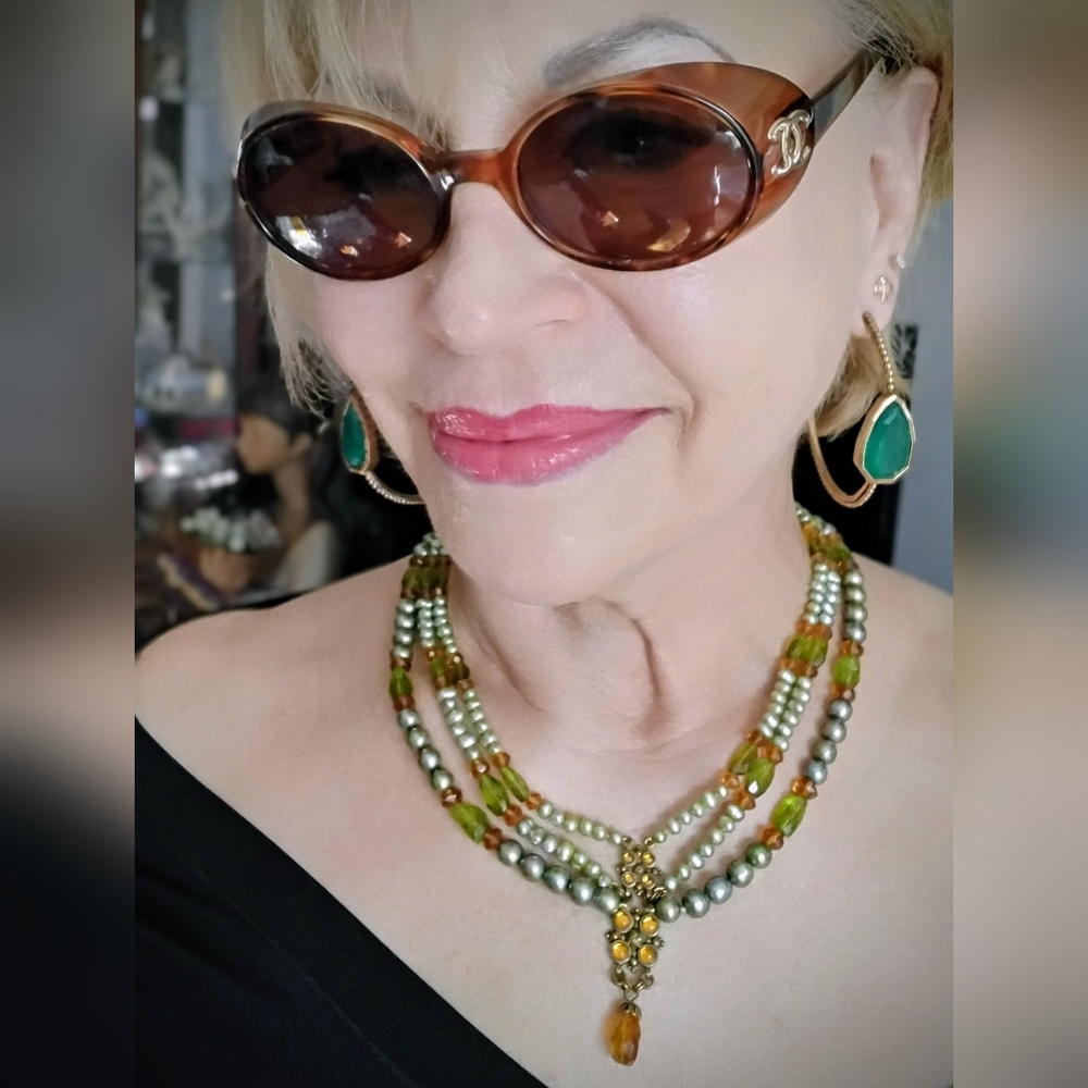 Stephem Dweck Triple Strand Green Sea Pearl Amber Bead Choker Vintage Necklace